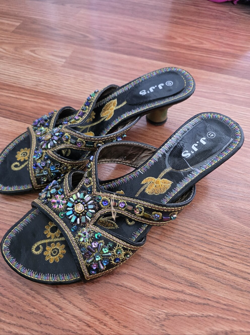 Beaded Black And Gold Slip-On Heeled Sandals